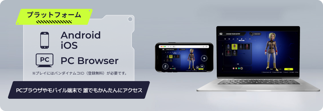 プラットフォーム PCブラウザやモバイル端末で誰でもかんたんにアクセス。※プレイにはバンダイナムコID(登録無料)が必要です。