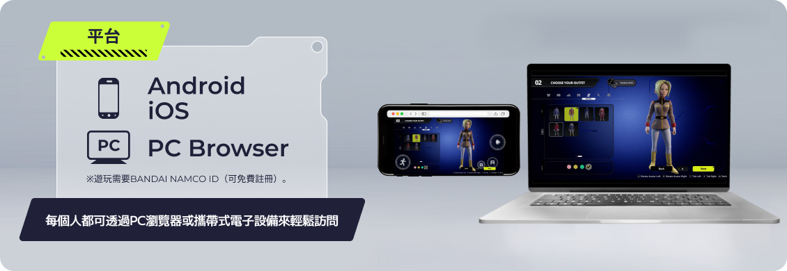平台。每個人都可透過PC瀏覽器或攜帶式電子設備來輕鬆訪問。※遊玩需要BANDAI NAMCO ID(可免費註冊)。